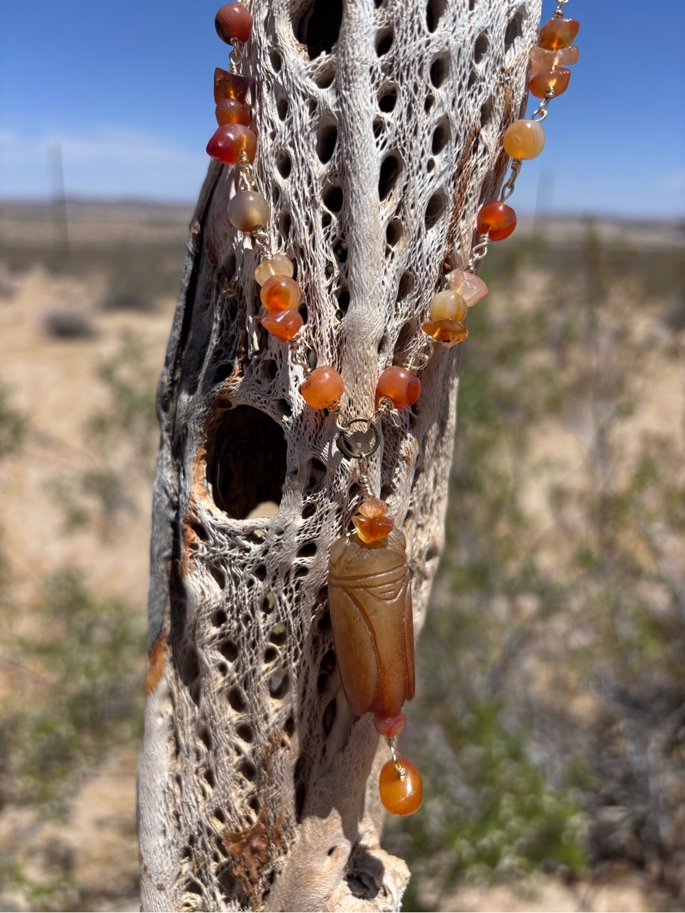 Handmade Vintage Genuine Carnelian, Amber and Agate Cicada Necklace